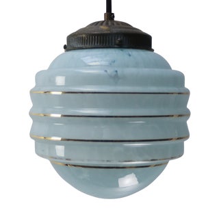 French Art Deco Blue Reeded Clichy Glass Pendant Lamp For Sale