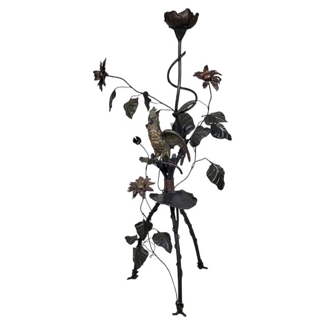 Wrought Iron Floor Lamp with Leaves, Flowers, and Parrot, 1960s For Sale