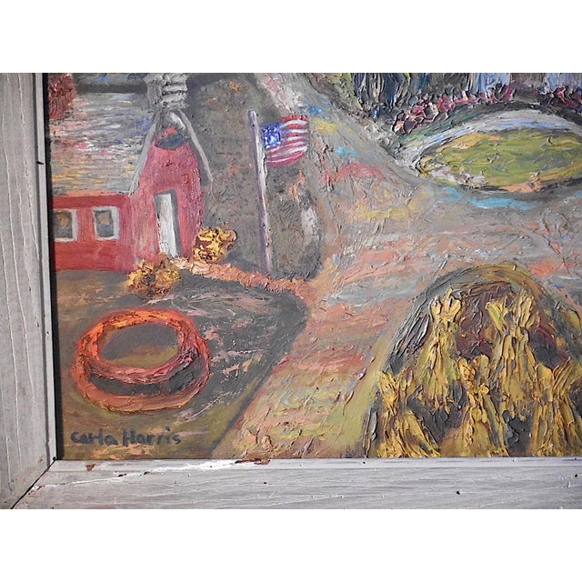 Vintage Signed Folk Art Oil On Board-Village Scene-US Artist C. Harris-Framed For Sale - Image 4 of 5