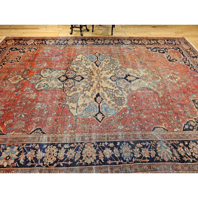 19th Century Mid 19th Century Persian Farahan Rug, Hand-Knotted Wool, Floral Medallion Pattern, Red & Blue, 8x12 For Sale - Image 5 of 18