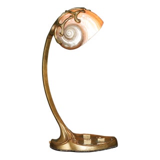 Antique French Art Nouveau Brass and Shell Table Lamp by Louis Majorelle, 1900 For Sale
