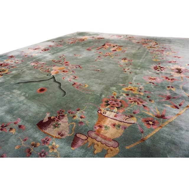 1920s Green Vase Floral Antique Chinese Art Deco Carpet 8'6" X 11'4" Knotted Wool Rug For Sale - Image 12 of 15