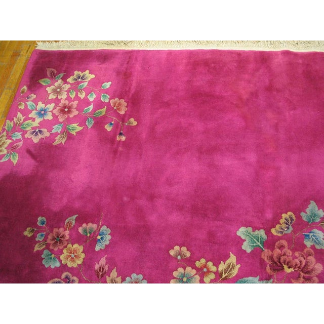 Early 20th Century 1930s Bright Pink Floral Modern Antique Chinese Art Deco Rug 8' 9'' X 11' 2'' Handknotted Wool Carpet For Sale - Image 5 of 6