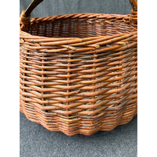 Wood Large Antique Hand Woven Willow Gathering Basket Branch Handle For Sale - Image 7 of 17