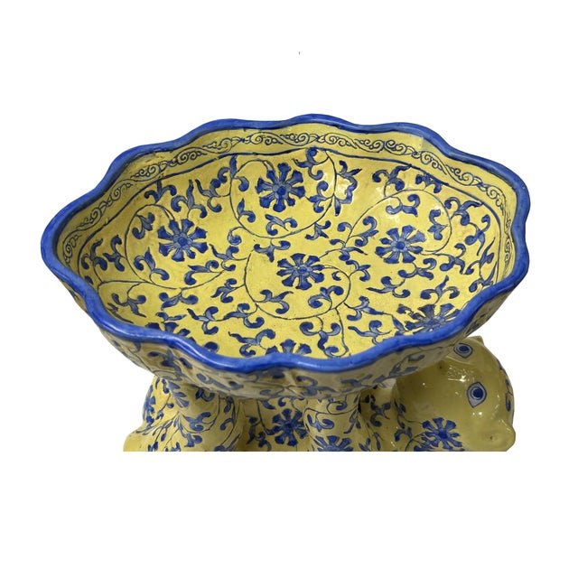1970s Vintage Oriental Yellow Base Color Blue Flower Monkey Holding Bowl Figure For Sale - Image 5 of 7