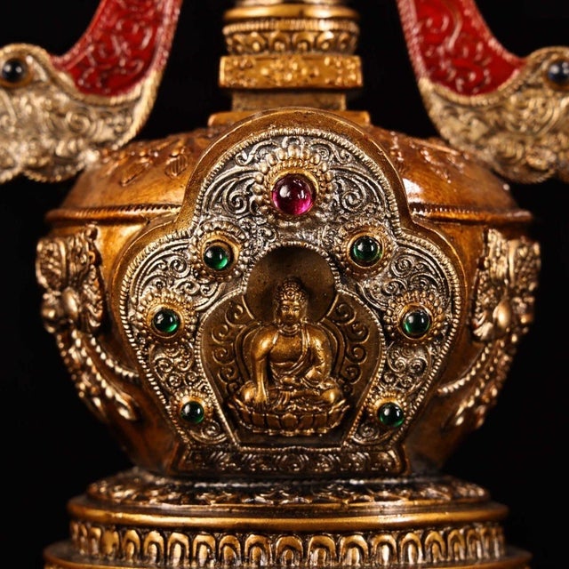 Late 19th Century Late 19th Century Gilt Bronze Tibetan Stupa With Gemstone Inlays, 1.9kg For Sale - Image 5 of 9