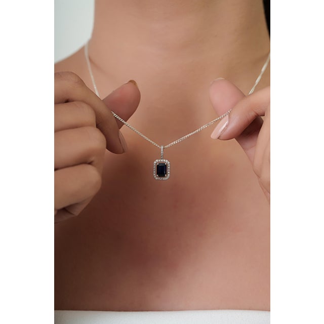 Ink Blue Art Deco 1.21ct Blue Sapphire & Diamond Halo Pendant in 14k White Gold For Sale - Image 8 of 14