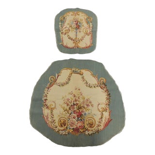 Vintage Orange and Blue Floral Aubusson Tapestry Chair Back and Seat Covers - Set of 2 For Sale