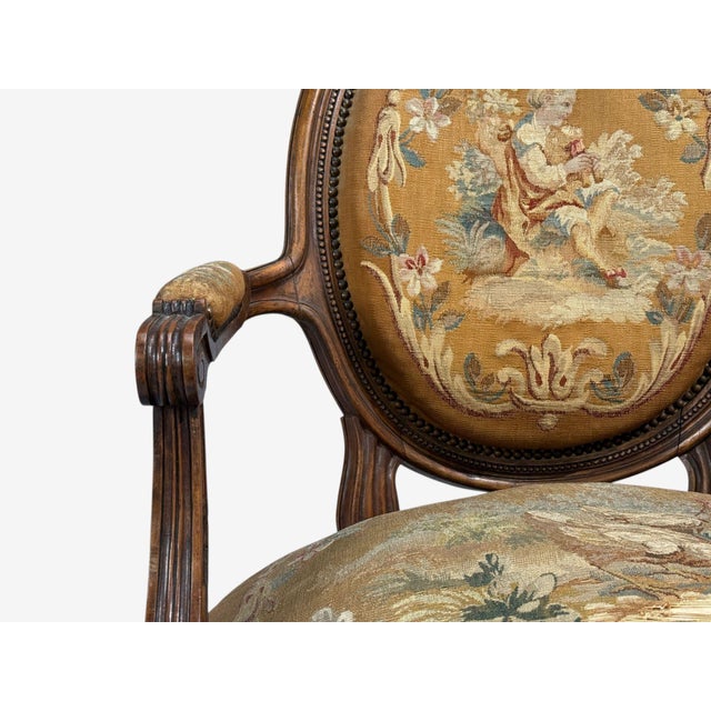 Brown Louis XVI Style, Salon Suite, Tapestry, Walnut, France, 20th C. For Sale - Image 8 of 15