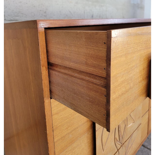 1950s Mid-Century Modern Hawaiian Style Dresser With Relief Carved Tropical Foliage 1950's For Sale - Image 5 of 18