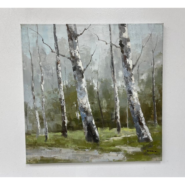 A serene impressionistic landscape oil painting capturing slender birch trees rising through a quiet, misty forest....