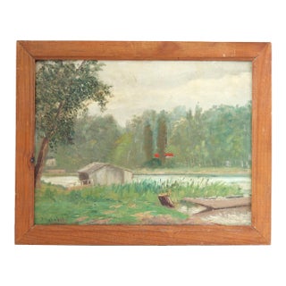 French Riverside Pastoral Scene with Boat For Sale