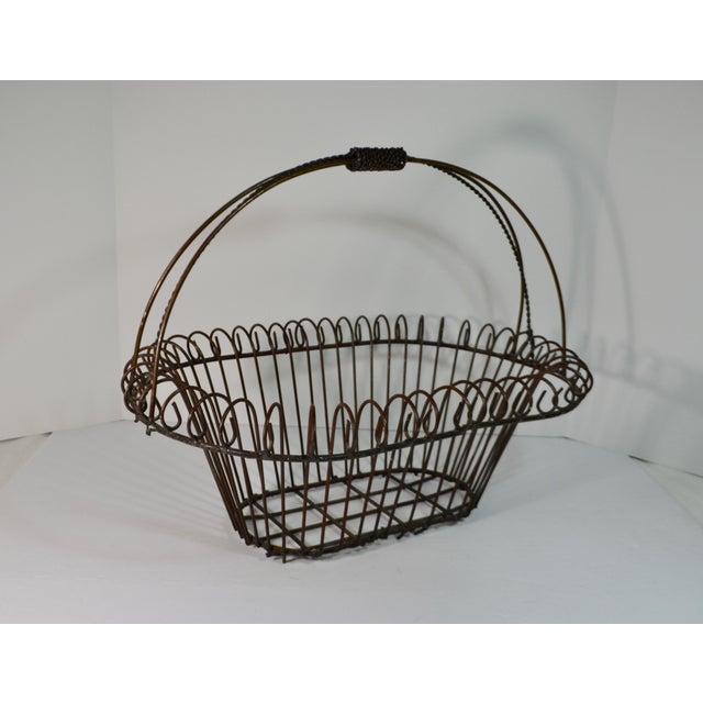 Rustic Farmhouse Large Oval Wire Basket with Fixed Handle & Curlicue