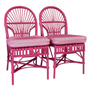 Vintage Pink Painted Rattan Side Chairs With Upholstered Seats – Pair For Sale