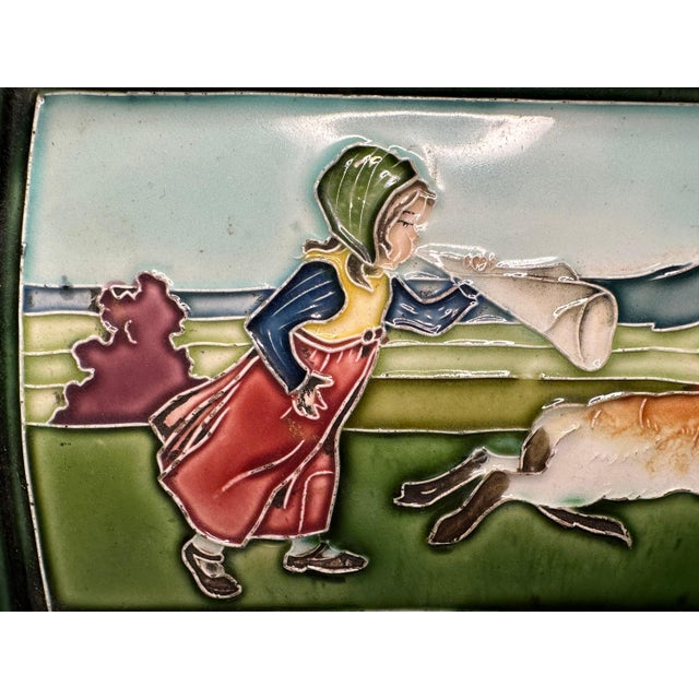 Art Nouveau Art Nouveau Majolica Tray: Girl & Dog, Carl Luber c. 1900 For Sale - Image 3 of 10