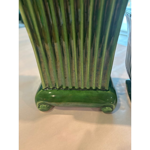 Pair of Vintage Green Ribbed Ceramic Cachepots With Pedestal Bases, Art Deco Style For Sale In San Diego - Image 6 of 12