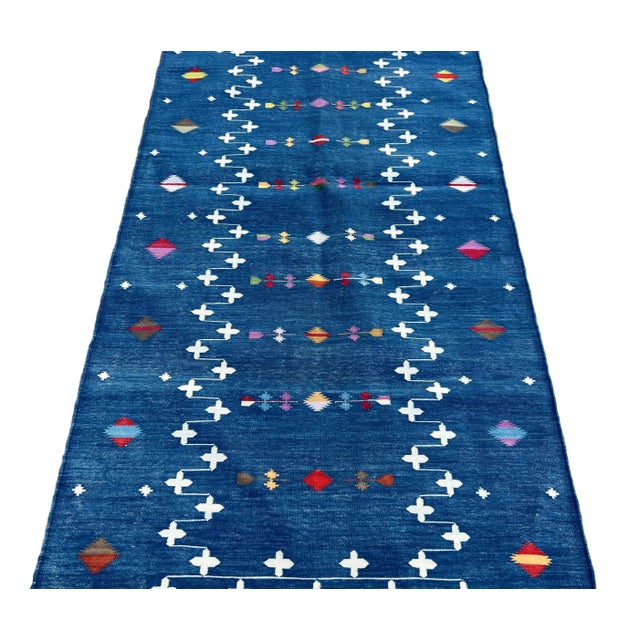 Blue Handmade Cotton Denim Blue Shooting Star Runner Rug, Vegetable Dyed Dhurrie Runner -2.5'x8' For Sale - Image 8 of 10