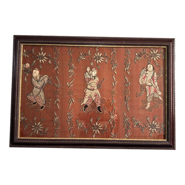 Late Qing Dynasty Silk & Gold Couchwork Panel: The Sanxing Deities, C. 1890 For Sale