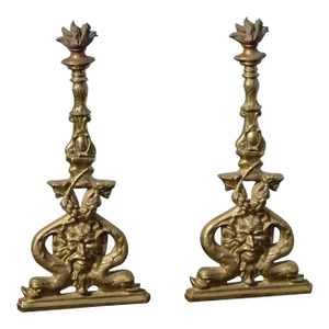 Vintage 19th Century Lions Koi Fish W Torch Flame Brass Fireplace Andirons - a Pair