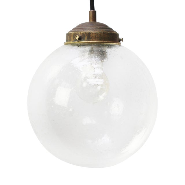 Vintage Dutch Bubble Glass and Brass Globe Pendant Lamp For Sale