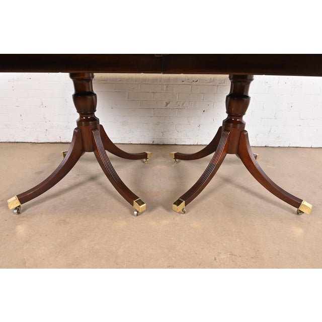 Baker Furniture Georgian Banded Mahogany Double Pedestal Extension Dining Table, Newly Refinished For Sale - Image 9 of 12