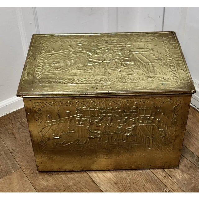 Large Embossed Brass Log Box with Tavern Scenes, 1890s For Sale - Image 6 of 8