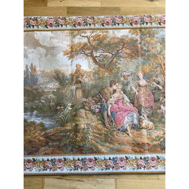 French Mid 20th Century French Gobelins Pastoral Tapestry Wall Hanging With Solid Wood Hardware For Sale - Image 3 of 16