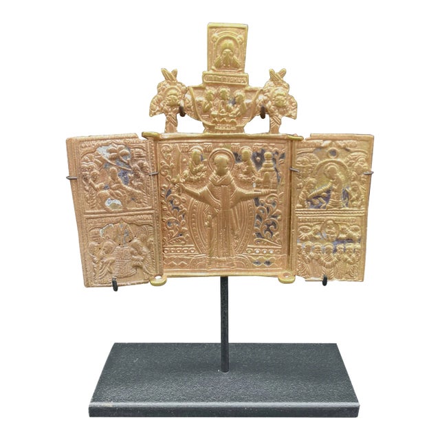 19th Century Russian Bronze Icon Triptych For Sale