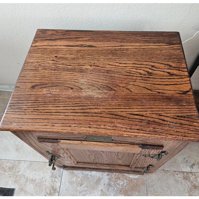 Rustic 1920s White Cap Ice Box Oak Wood Simmons Hardware For Sale - Image 3 of 5