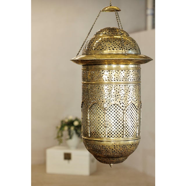 Vintage Indian Brass Hanging Lantern with Pierced Floral and Lattice Motifs For Sale - Image 9 of 18