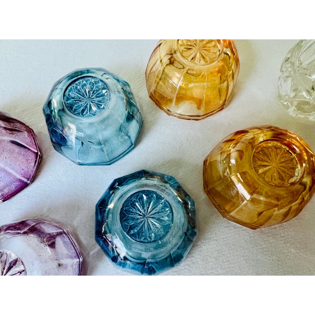 Rustic Set of 9 Vintage Fostoria Glass Salt Cellars - Amber Rose Lilac Blue Clear For Sale - Image 3 of 7