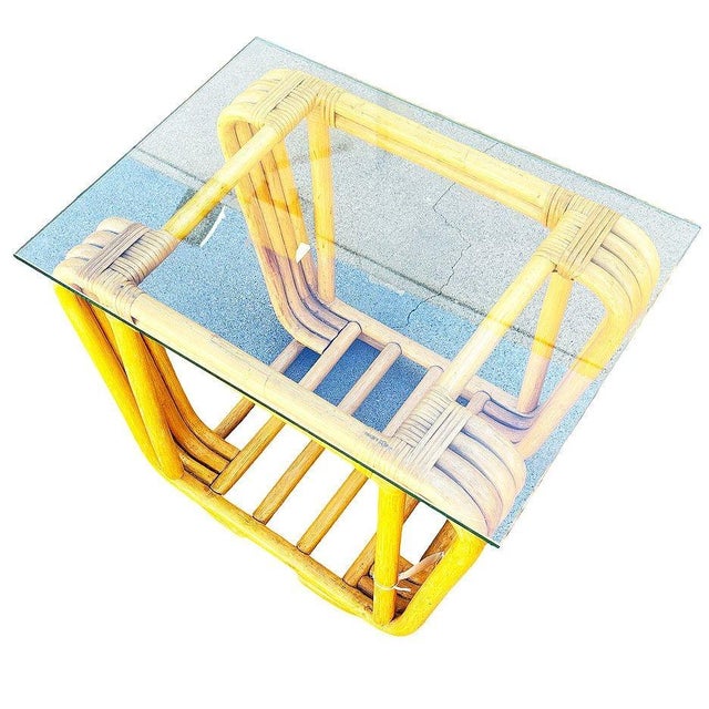 Restored Mid-Century Floating Glass Top Rattan Coffee & Side Table, Pair For Sale - Image 9 of 10