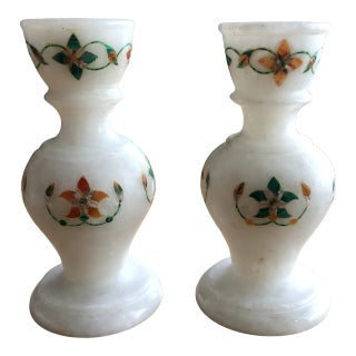 White Marble Candle Holders - A Pair For Sale