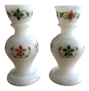 White Marble Candle Holders - A Pair