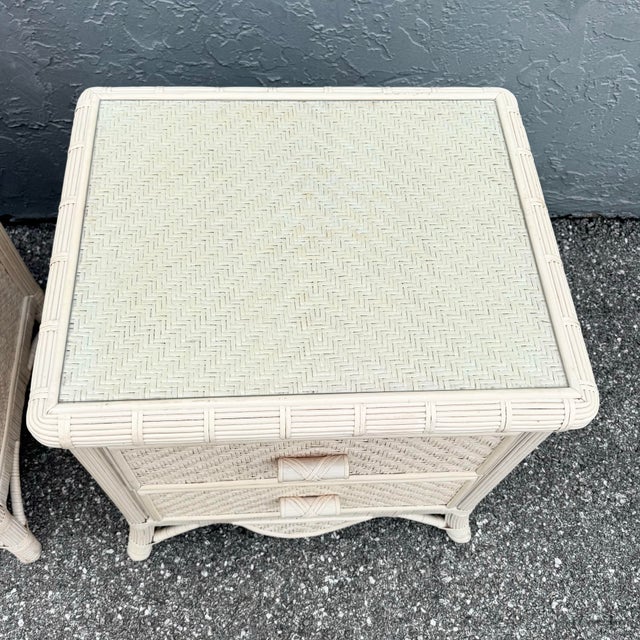 Cream Boho Chic Wicker Glass Top Nightstands - A Pair For Sale - Image 8 of 8