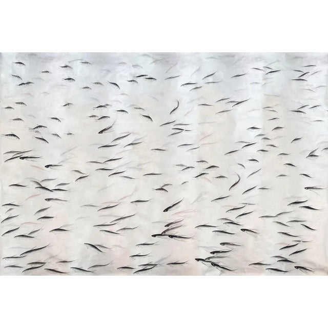 Hand Painted Silver Leaf Fish Wallpaper Panels - Set of 5 For Sale