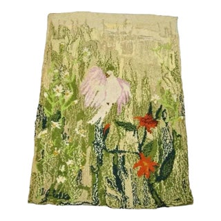 Vintage Art Nouveau Birds of Paradise Pink Green 48" X 33" Wool Rug Carpet For Sale