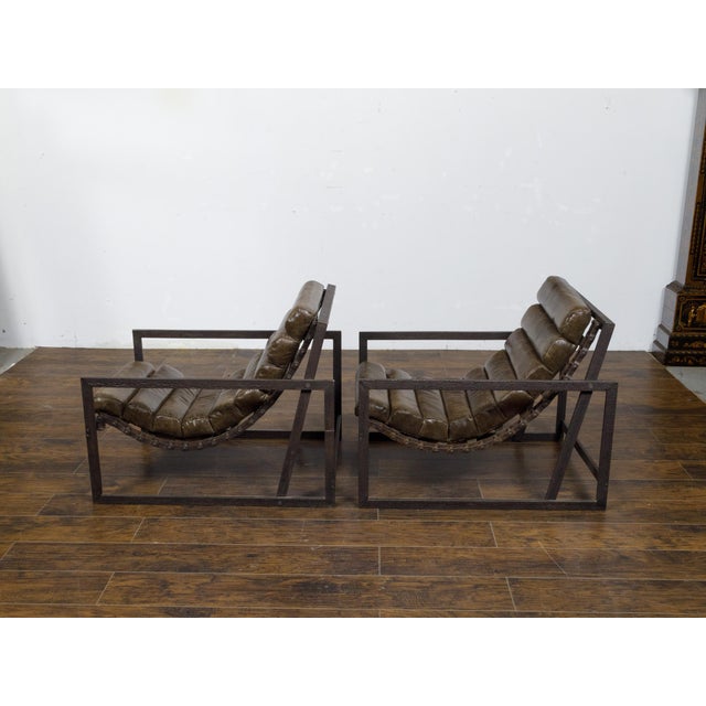 Pair of Mid 20th Century Industrial Iron Sling Transat Chairs with Brown Leather For Sale - Image 9 of 12