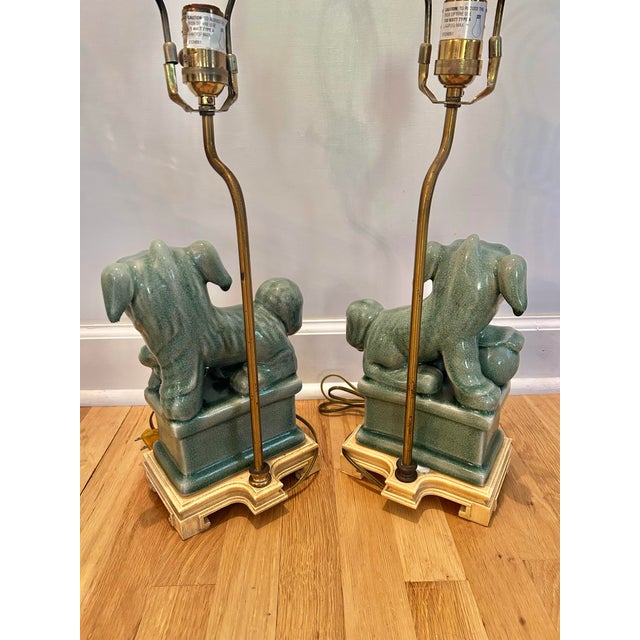 Celadon Vintage Celadon Crackle Glaze Chinoiserie Foo Dog Lamps - A Pair For Sale - Image 8 of 15