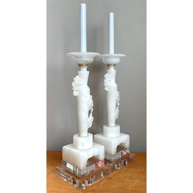 Vintage Carved Alabaster Floral Ring Candlestick Lamps - A Pair For Sale - Image 12 of 12