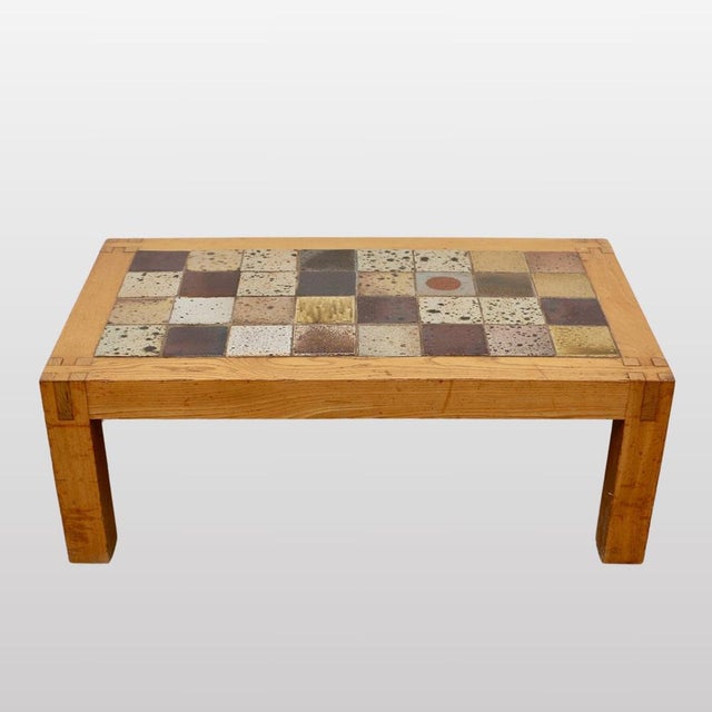 Coffee Table in Stoneware with Elm Base attributed to Regain, France, 1960s, in Very Good conditions. Designed 1960 to...