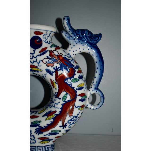 Chinese Vintage Chinese Blue & White Dragon Phoenix Donut Hole Pitcher/Teapot For Sale - Image 3 of 12