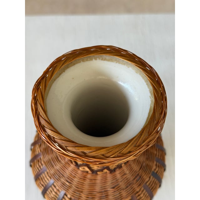 Brown Vintage Boho Handmade Rattan & Ceramic Mixed-Material Vase For Sale - Image 8 of 11