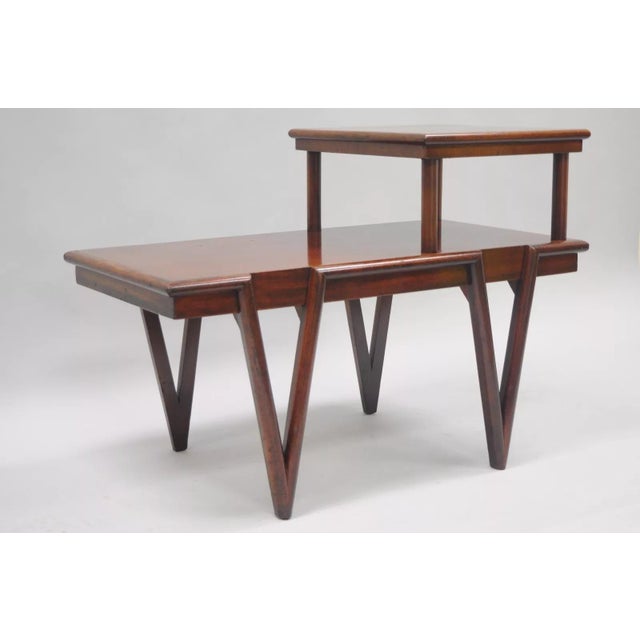 Mid Century Modern V-Leg t.h. Robsjohn Gibbings Style Mahogany Step Side Table For Sale - Image 11 of 11