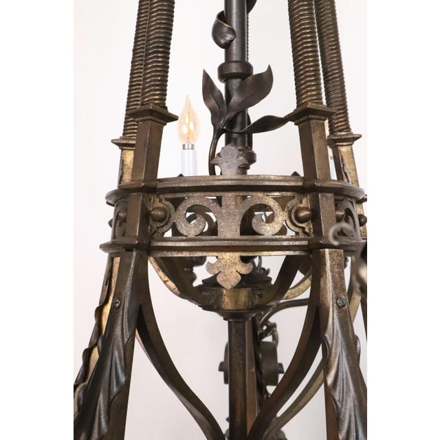 Early 20th Century Cast Bronze Highly Ornate Chandelier With Original Etched Glass Down Shades For Sale - Image 12 of 16