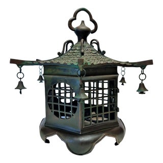 Large Chinese Bronze Lantern Ceiling Lamp, 1930s For Sale