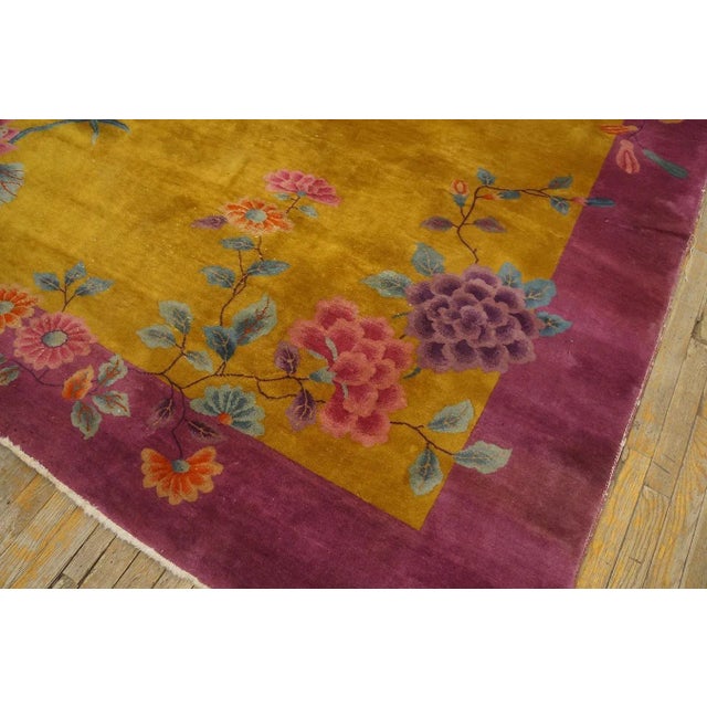 1920s Yellow Canary Floral Antique Chinese Art Deco Carpet 8' 10'' X 11' 4'' Knotted Wool Rug For Sale - Image 11 of 12
