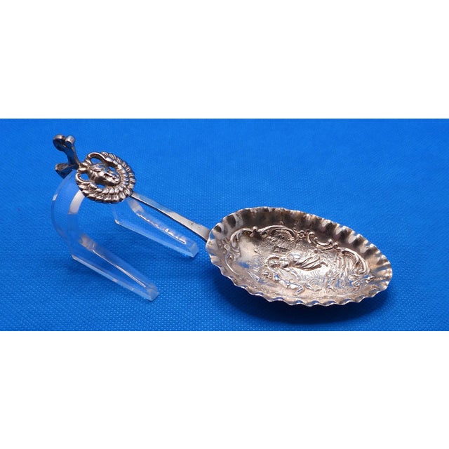 Hanau Antique Silver German Hanau Dancing Couple W Dog & Cherub Tea Caddy Sauce or Gravy Spoon For Sale - Image 4 of 10