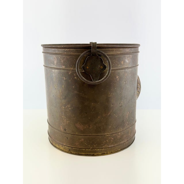 Metal Vintage Patinated Brass Planter With Shell Medallion & Ring Handles For Sale - Image 7 of 10