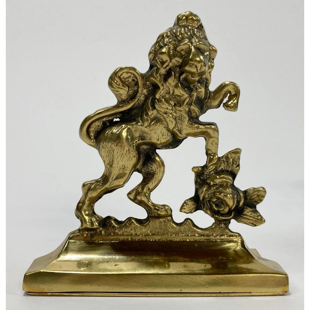 Vintage Victorian Brass English Rose, Lion and Unicorn Bookends For Sale - Image 4 of 5